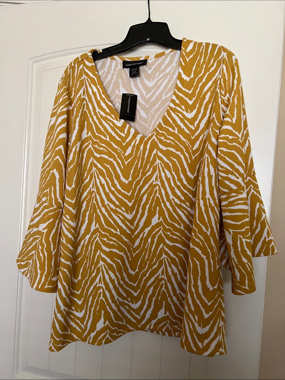 Ashley Stewart White and Mustard Zebra V-Neck Bell Sleeve Tunic